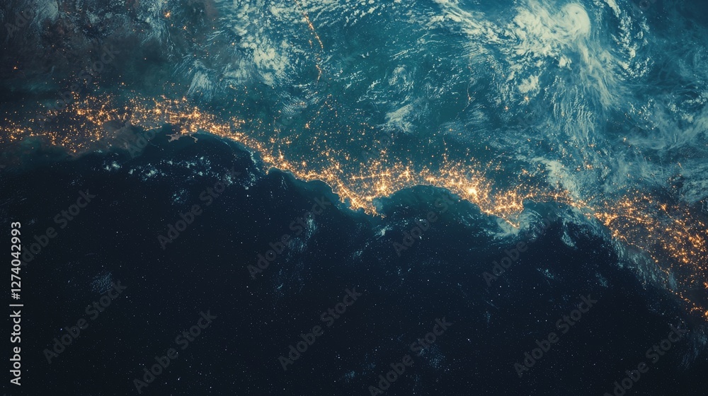 Obraz premium This image displays a world map featuring illuminated routes that join major cities in Latin America, symbolizing the widespread presence of digital marketing services in the region