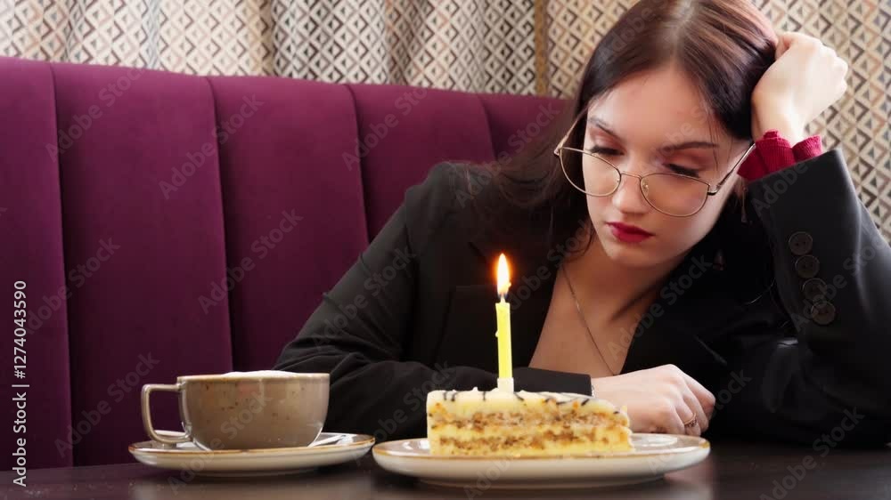 A frustrated young girl celebrates her birthday alone in a cafe, she looks at a piece of cake with a burning candle. The girl is sad that no one congratulated her.