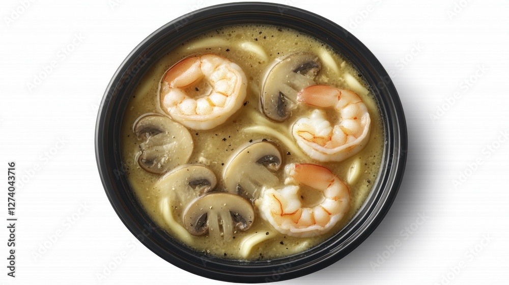Overhead View of Udon Noodle Soup with Shrimp and Mushrooms in Broth on White Table Overhead View of Udon Noodle Soup with Shrimp and Mushrooms in Broth on White Table
