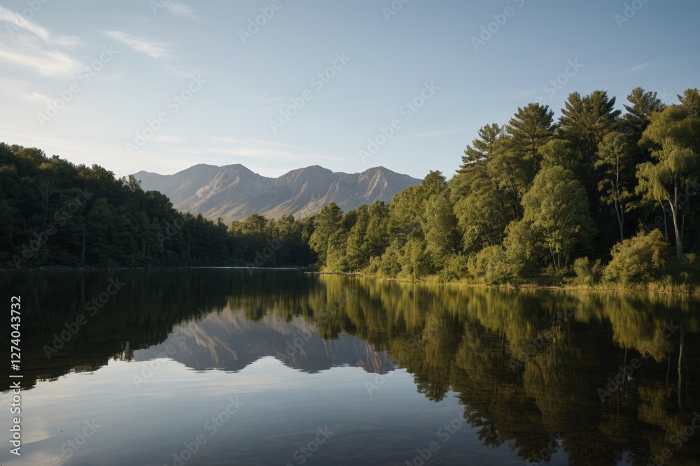 Fototapeta premium trees are reflected in the water of a lake with mountains in the background