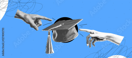 Graduation concept art with hands pointing at cap in halftone collage style