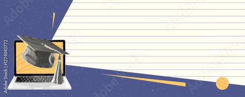 Collage banner with space for text and notes. Hands with pencil and magnifying glass. Paper cutout vector elements with scribble and grain texture. Green and yellow colors