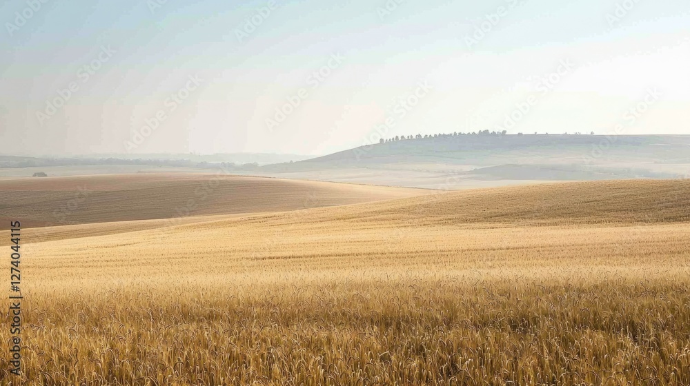 Obraz premium Serene Golden Wheat Fields Under Clear Blue Sky in Morning Light
