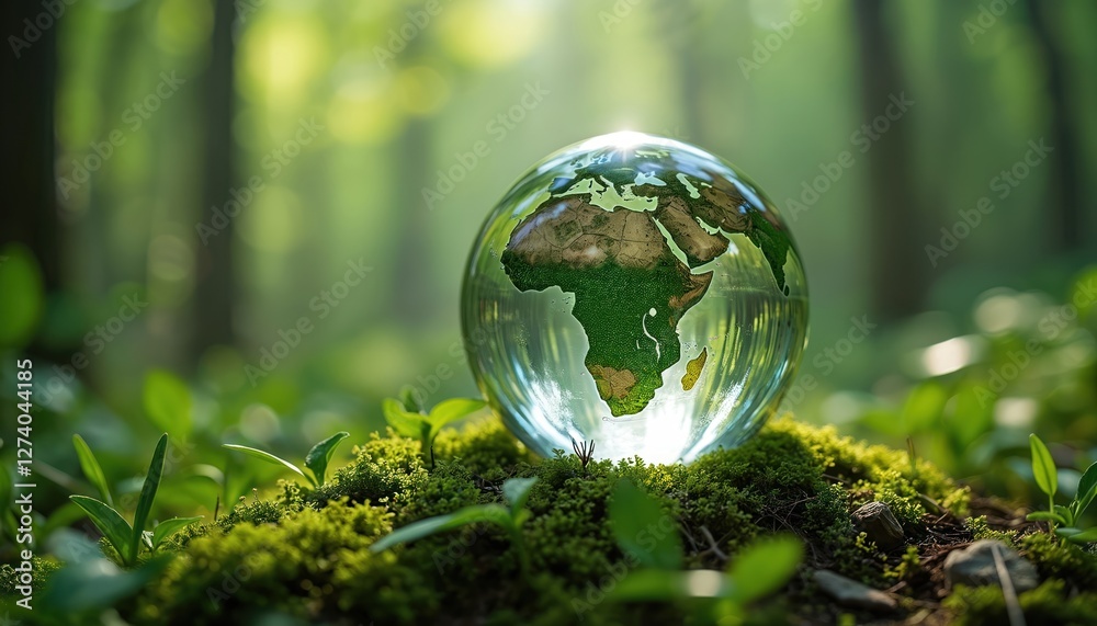 Glass globe sphere in green forest moss. Transparent crystal ball shows world continents. Eco conservation idea. Happy Earth day banner. Safe planet wild nature, ecology, clean environment. Glass globe sphere in green forest moss. Transparent crystal ball shows world continents. Eco conservation idea. Happy Earth day banner. Safe planet wild nature, ecology, clean environment.