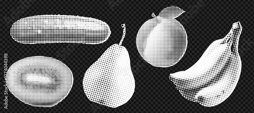 Set of hands gestures at the popart style and halftone effect on the transparent grid background. Trendy zine dadaizm elements isolated as a png. Vintage white and black retro collection.