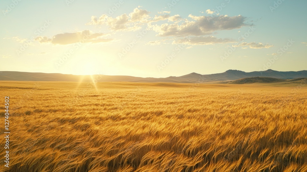 Fototapeta premium Golden Wheat Field Under Bright Sunrise Sky with Gentle Hills