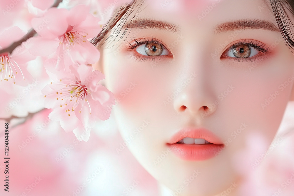 若い女性の顔のクローズアップと桜の花。日本の春のイメージ素材。 若い女性の顔のクローズアップと桜の花。日本の春のイメージ素材。