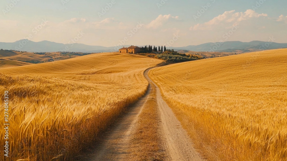 Serene Wheat Field Pathway Leading to Cozy Rustic Farmhouse Serene Wheat Field Pathway Leading to Cozy Rustic Farmhouse