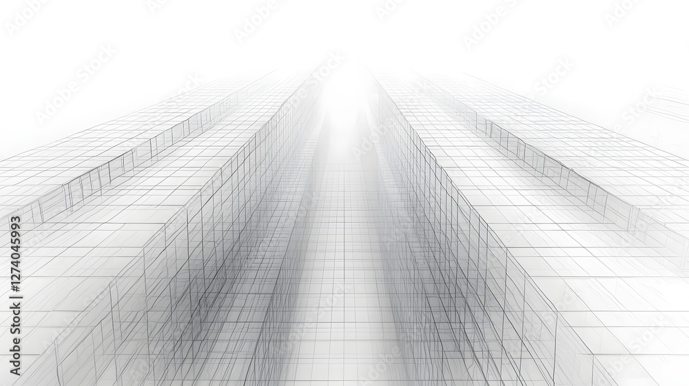 Fototapeta premium Clean Abstract Architectural Skyscraper Line Drawing on Minimalist White Background
