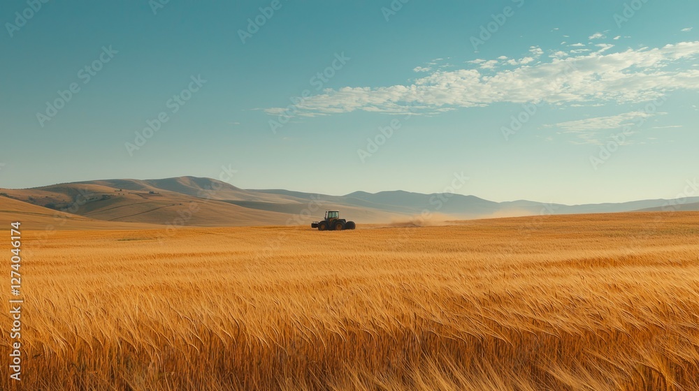 Naklejka premium Expansive Golden Wheat Fields with Tractor Against Blue Sky