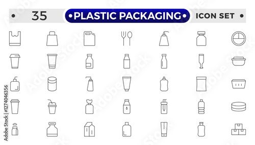 Plastic packaging outline icons set. Disposable tableware, water bottle, blister pack, container, canister, garbage bag, bubble wrap vector illustration. Outline signs of polyethylene.