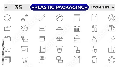 Plastic packaging outline icons set. Disposable tableware, water bottle, blister pack, container, canister, garbage bag, bubble wrap vector illustration. Outline signs of polyethylene.