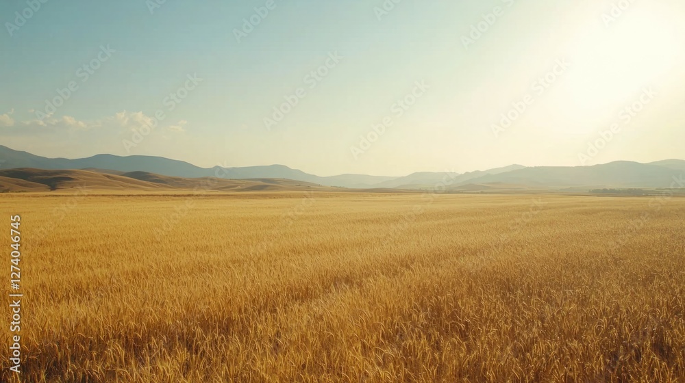 Golden Wheat Field Under Clear Sky and Rolling Hills at Dusk Golden Wheat Field Under Clear Sky and Rolling Hills at Dusk