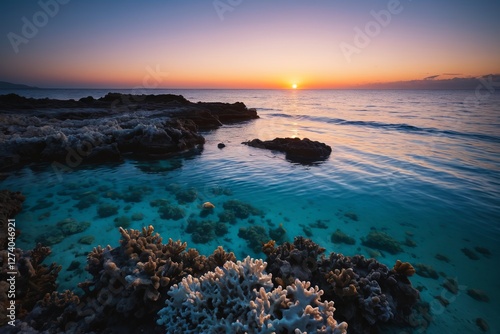 sunset over the ocean with corals and a small island in the distance