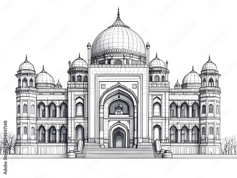 Obraz premium Detailed Line Drawing of Traditional Palace with Ornate Domes and Arches