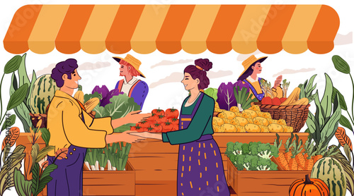 Farmers market fresh produce exchange vibrant scene colorful stalls vegetables fruits people interacting outdoor market banner design