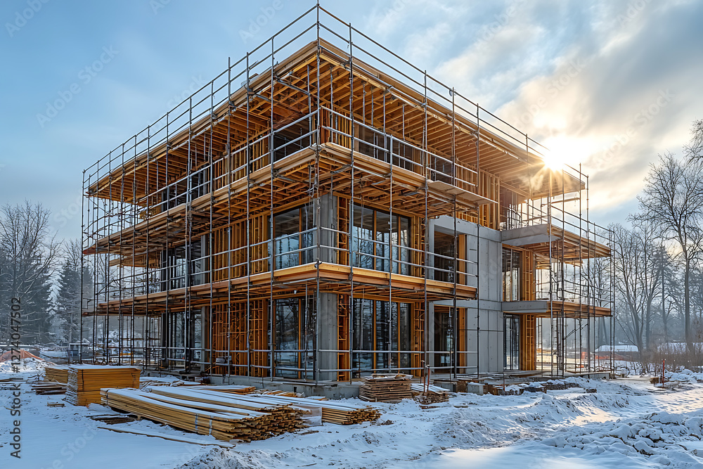 A modern building under construction with scaffolding surrounding the structure, illuminated by bright sunlight. The image represents real estate development, construction industry, and architectural A modern building under construction with scaffolding surrounding the structure, illuminated by bright sunlight. The image represents real estate development, construction industry, and architectural