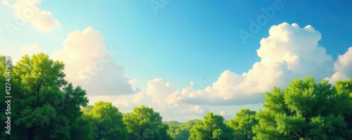 The sky is painted with wispy clouds over the treetops, soft focus, nature