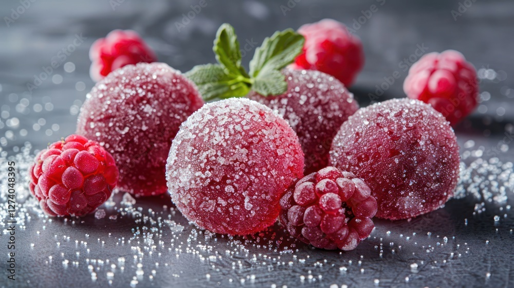 A close-up of sugared raspberry candies with fresh raspberries and mint leaves. A close-up of sugared raspberry candies with fresh raspberries and mint leaves.