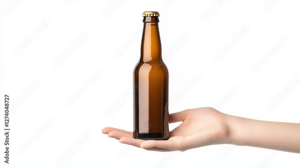 Hand gracefully holding brown glass beer bottle, golden cap gleaming against crisp white background, showcasing minimalist product styling Hand gracefully holding brown glass beer bottle, golden cap gleaming against crisp white background, showcasing minimalist product styling