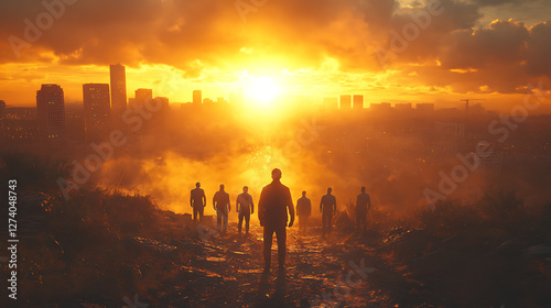A dramatic silhouette of a team of superheroes standing against a glowing city skyline with a golden sunrise. The image represents unity, strength, and heroism. Perfect for themes related to teamwork