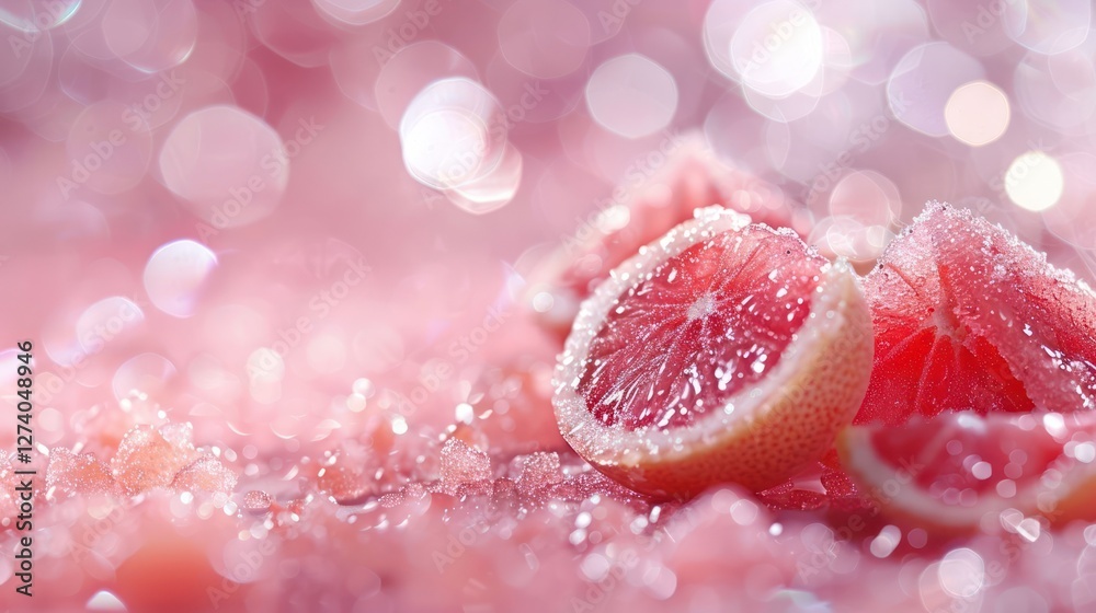 A close-up of sugared grapefruit slices on a pink, bokeh background. A close-up of sugared grapefruit slices on a pink, bokeh background.
