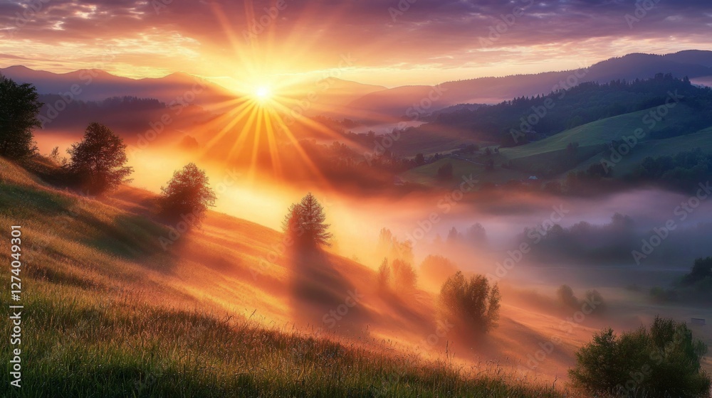 Obraz premium Majestic Sunrise Over Misty Hills with Radiant Sunrays and Clouds