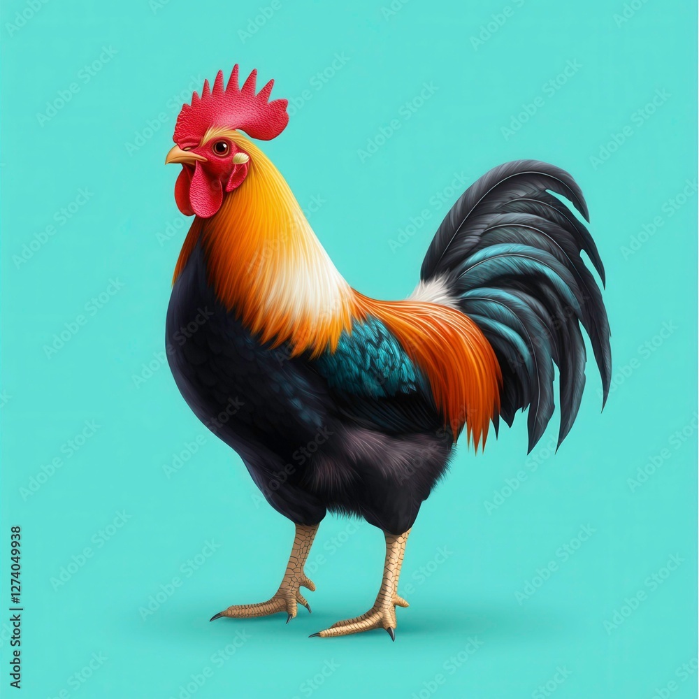 Fototapeta premium Colorful Rooster Standing Proudly on Vibrant Aqua Background