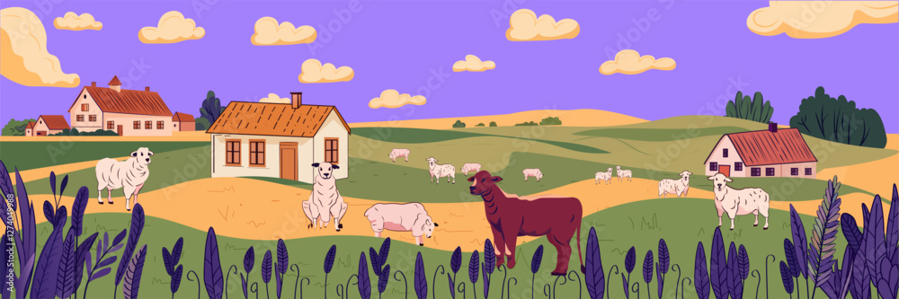Fototapeta premium Farm landscape sheep grazing countryside scenery rural houses fields purple sky clouds plants