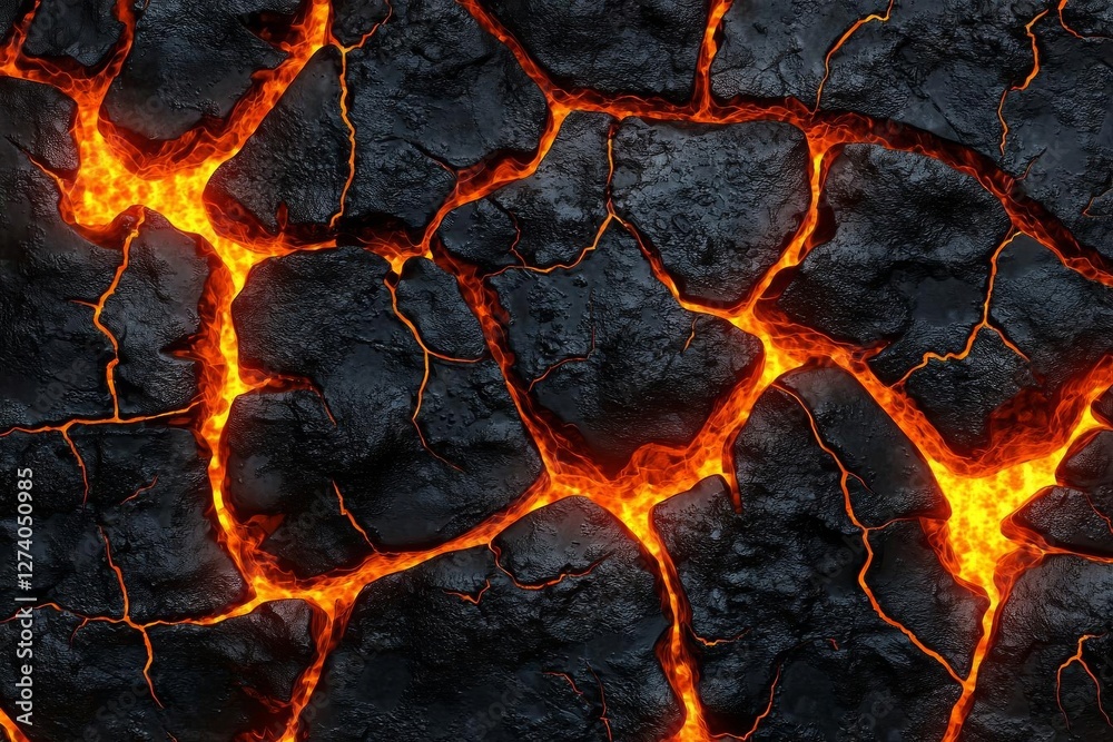 Molten Lava Flowing Through Cracked Rocks: A Fiery Landscape Molten Lava Flowing Through Cracked Rocks: A Fiery Landscape