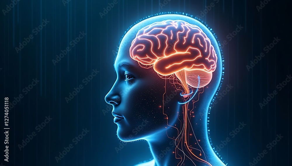 Obraz premium A Transparent Human Head Revealing a Glowing Brain, with Electrical Pulses and Digital Circuits Flowing Through It
