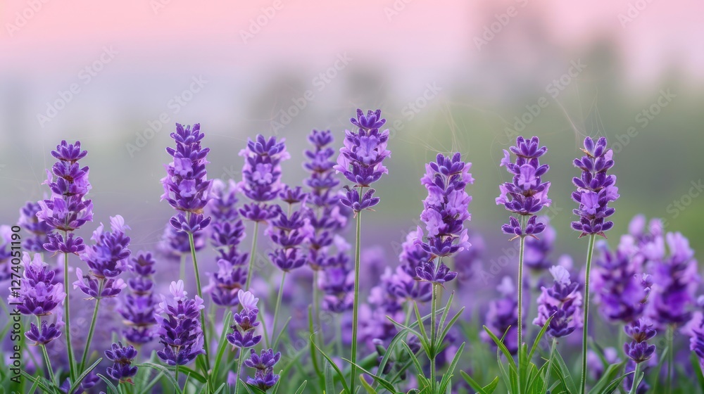 Naklejka premium A serene field of blooming lavender under a soft pastel sky.