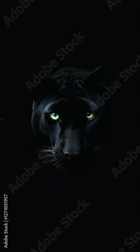 Black Panther’s Face Emerging from the Darkness with Glowing Green Eyes