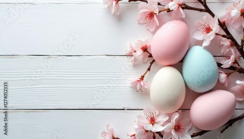 Pastel Easter eggs with Sakura flowers on white wood background. Top view composition. Spring holiday still life with painted eggs, pink cherry blossom, rustic design and copy space.