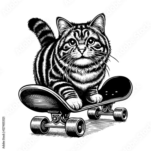 Cat skateboarding engraving black and white outline. Scratch board imitation.  illustrated in vintage line art style on a white background.
