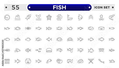 Fish outline icon. Sea creatures line icon set.  Maritime concept. Shell, turtle, fish, whale. Vector illustration can be used for topics like sea, ocean.