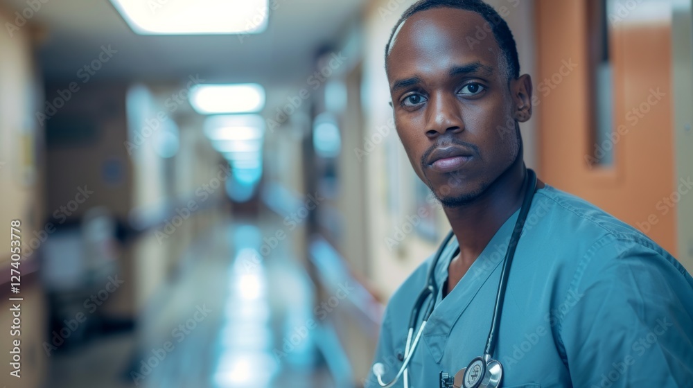 In this image, there is a male nurse standing in a hospital corridor. In this image, there is a male nurse standing in a hospital corridor.