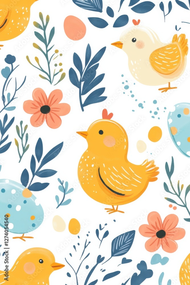 Seamless pattern of Easter chicks, eggs, and floral decorations Seamless pattern of Easter chicks, eggs, and floral decorations