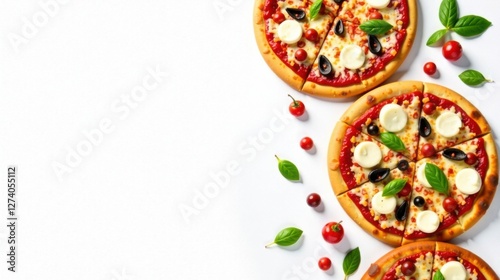 Delicious Pizza Slices with Cherry Tomatoes and Basil Leaves on a White Background