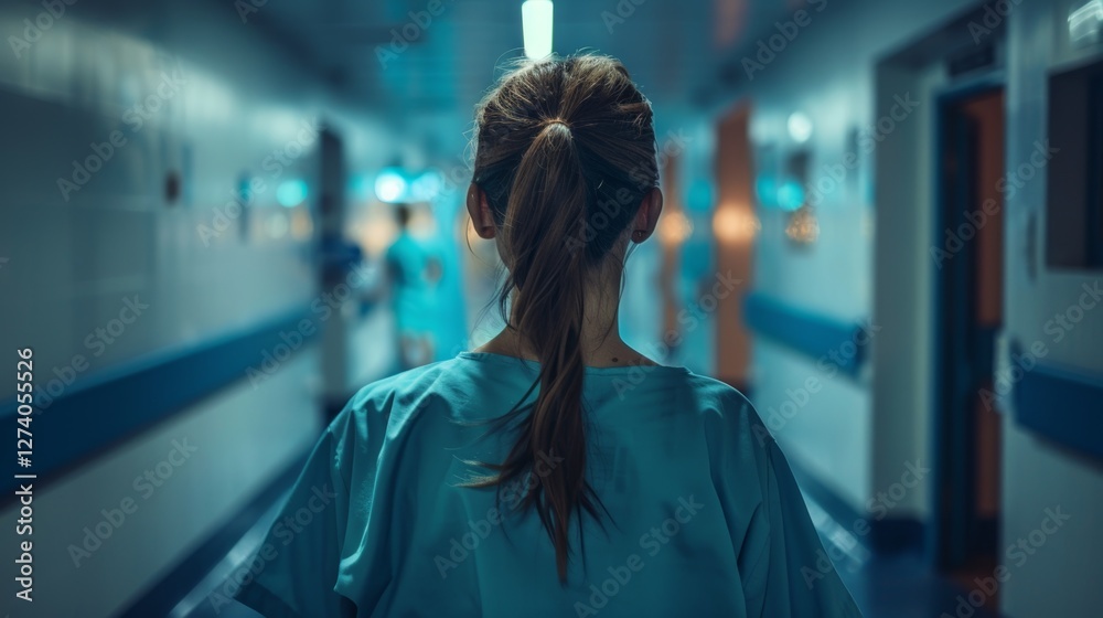 Obraz premium The image features a nurse walking down a hospital corridor.
