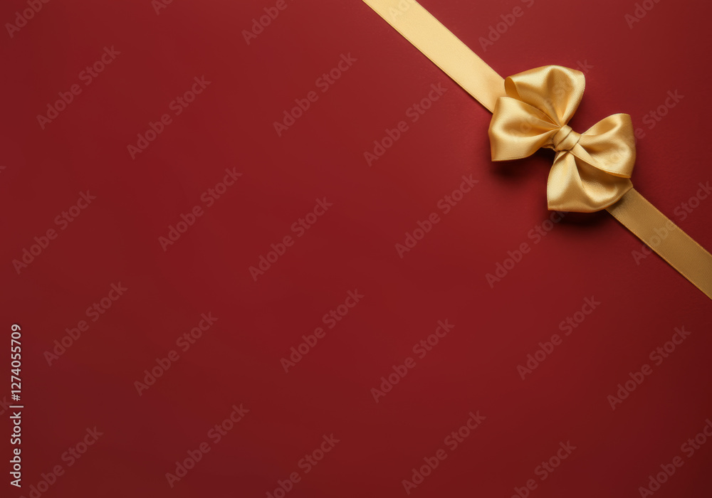 Elegant golden bow on red background with diagonal ribbon for gift or celebration Elegant golden bow on red background with diagonal ribbon for gift or celebration