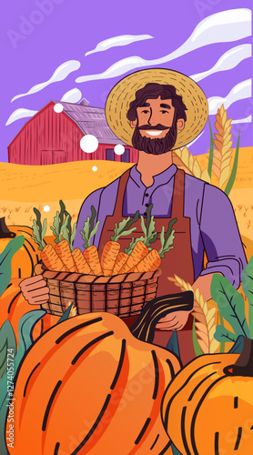 Farmer harvests autumn vegetables rural scene. Smiling man holds basket of carrots in field with pumpkins barn and wheat. Vibrant colors and clear sky