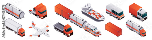 Global logistics transport isometric icons set. Vector isolated ship, plain and truck, van and train. Air cargo, rail transportation maritime shipping delivery vehicles. International shipment