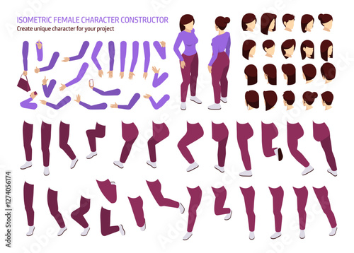 Woman character constructor, create unique isometric personage for your project. Vector young female in casual clothes. Set of different positions of hands, legs and hair style. DIY kit
