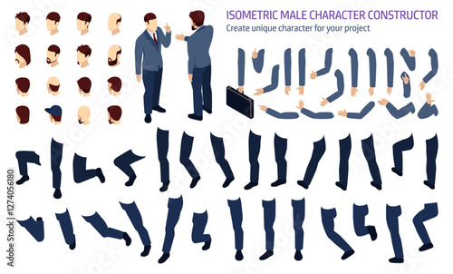 Isometric set of different positions of arm and leg for animation, male character constructor. Vector create unique businessman character for your project. Body parts, hair and beard style