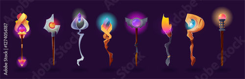 Magic staff set, wizard sorcerer and magician cartoon wands or sticks. Vector fantasy game enchantments collection, branch weapon or warlock scepter, wooden and metal power canes with crystals