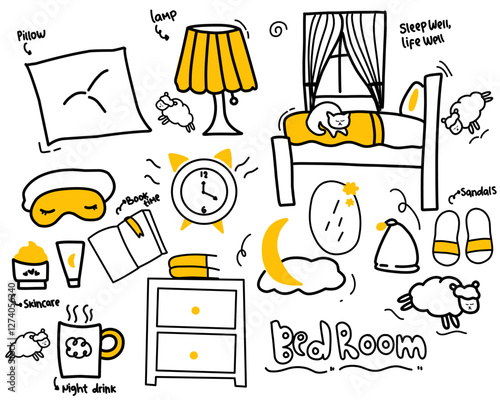 Set of Hand drawn doodle Set of Sleep Related. Sleeping drawing icons vector ilustration black white and orange 