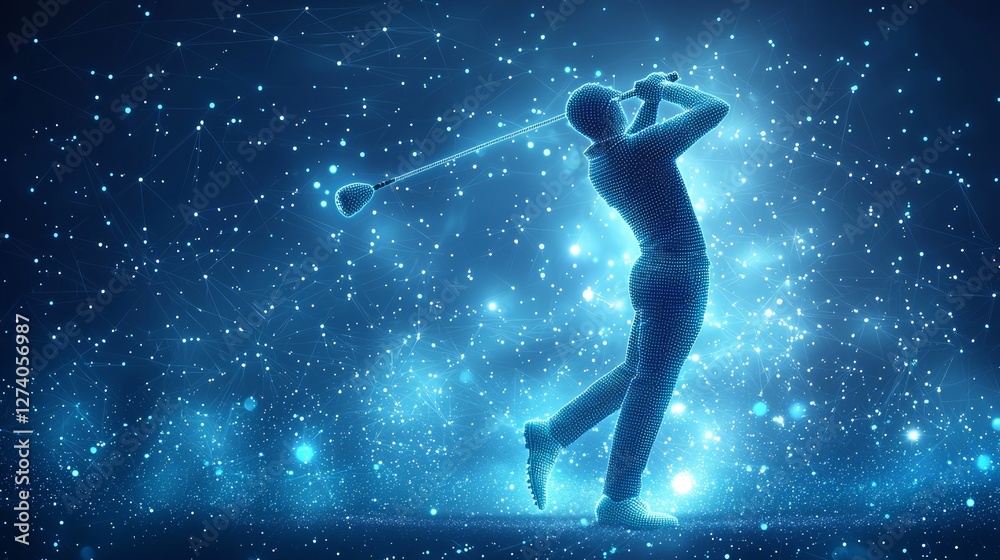 Fototapeta premium Glowing blue lines crisscross an abstract geometric landscape as a futuristic golfer swings, thereby enhancing the visualization of golf as an artistic pursuit