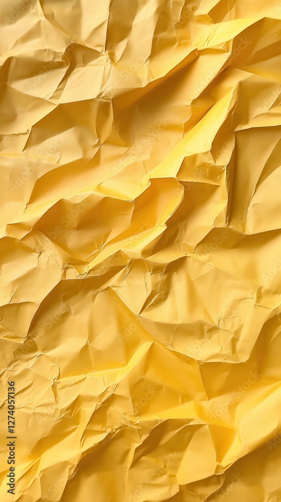 Crumpled yellow paper displaying textured surface, highlighting wrinkled patterns with dynamic lighting and shadowy contours against clean background