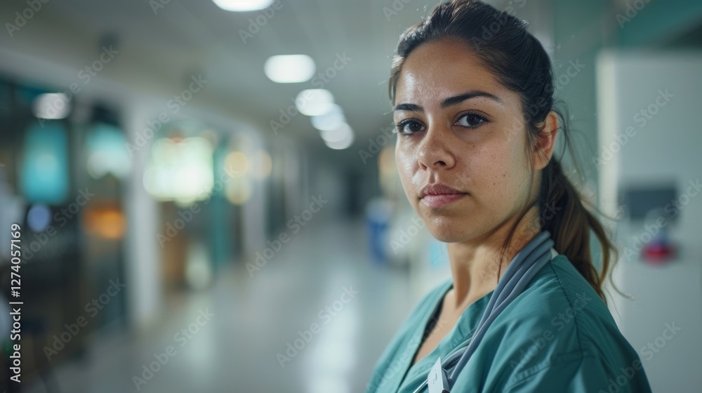 Fototapeta premium Person in white coat, standing in an indoor corridor or hospital environment.